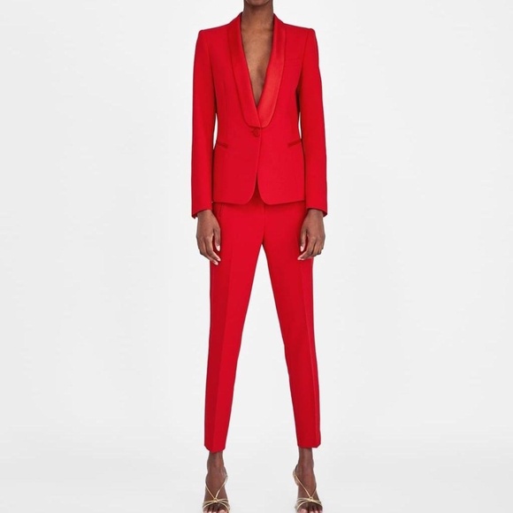 ZARA Red Tuxedo Suit Set | Satin Trim Blazer XS + Pants S - Picture 10 of 10